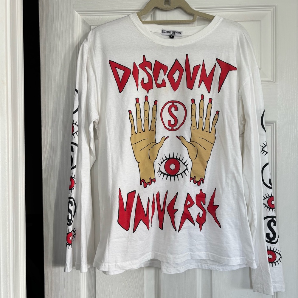 Discount Universe White and Red Graphic Long Sleeve Tee